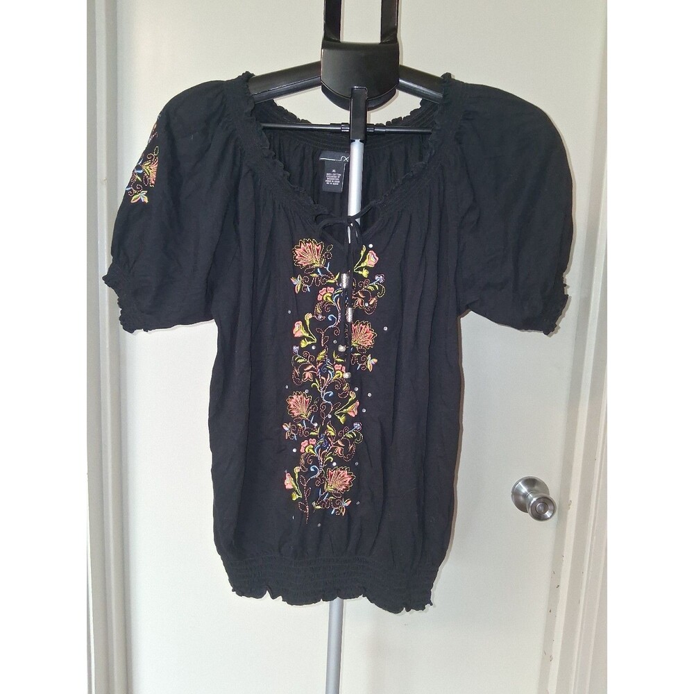 Black Boho Peasant Floral Embroidered Top XL Tassel Puff Sleeve Festival Indie
